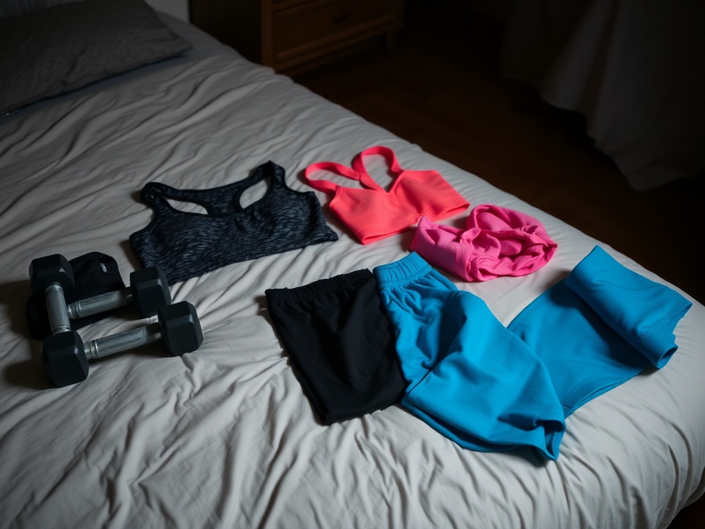 neatly laid out workout clothes and dumbbells on bedroom floor night setting preparation habit