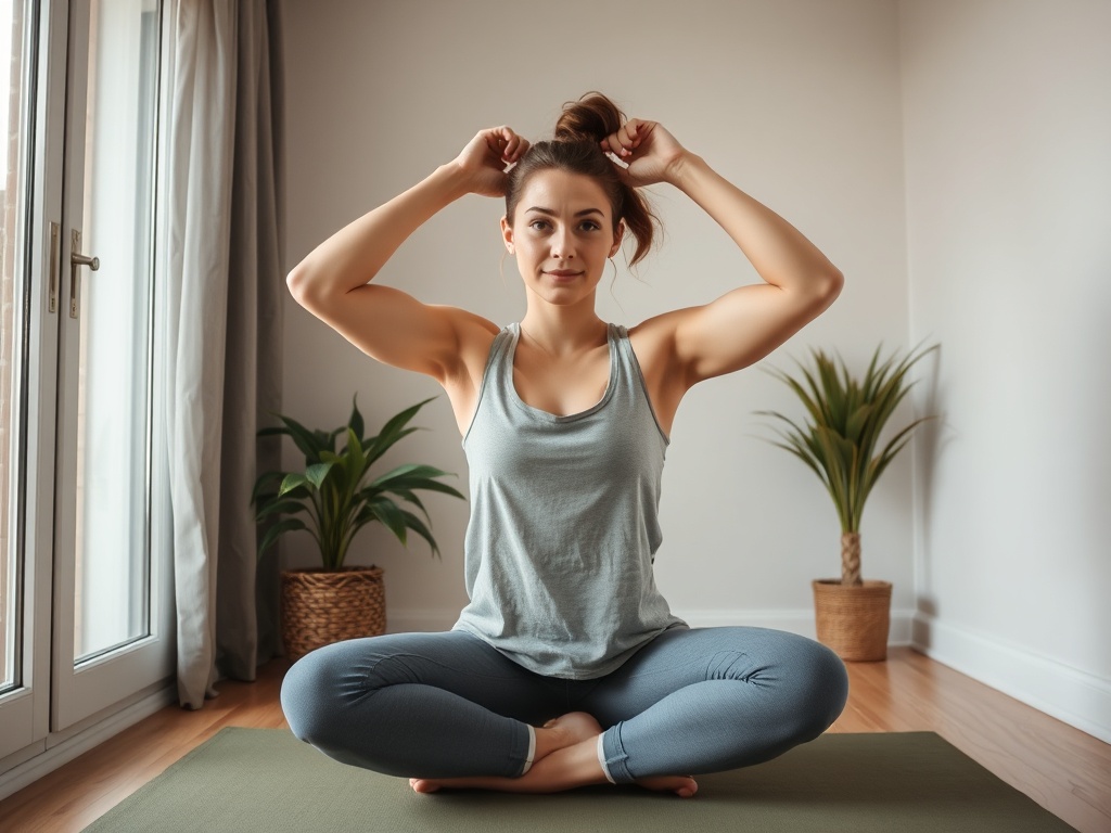 person doing quick simple exercises at home minimal effort but consistent casual clothing