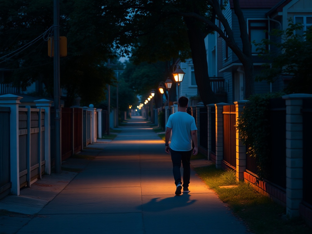 person walking outside neighborhood evening relaxed pace realistic no fitness influencer vibe