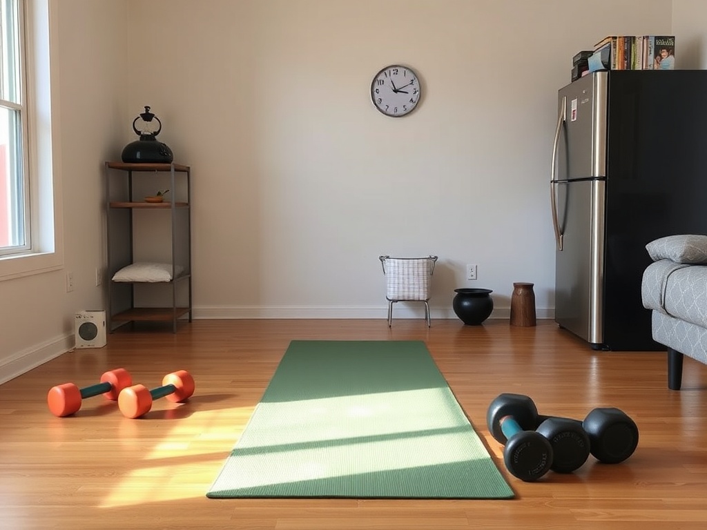 simple home workout setup small apartment dumbbells yoga mat kitchen timer minimal realistic