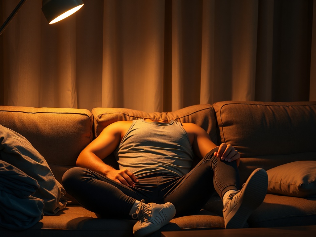 tired person sitting on couch at night with gym clothes nearby soft warm lighting realistic everyday setting