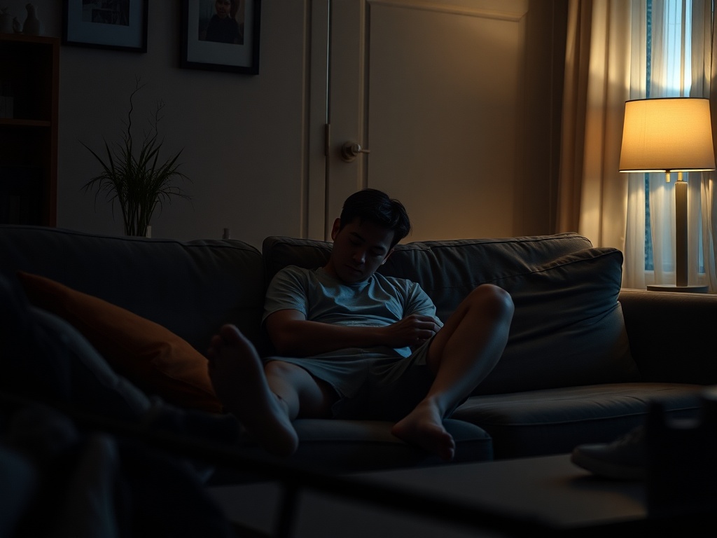 a tired person sitting on a couch in dim evening light with workout clothes nearby, realistic home setting, quiet mood