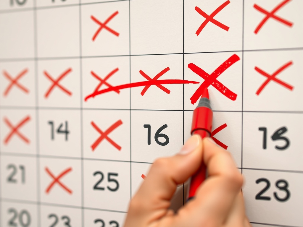 close-up of a wall calendar with red X marks showing a streak, hand holding a red marker adding another X