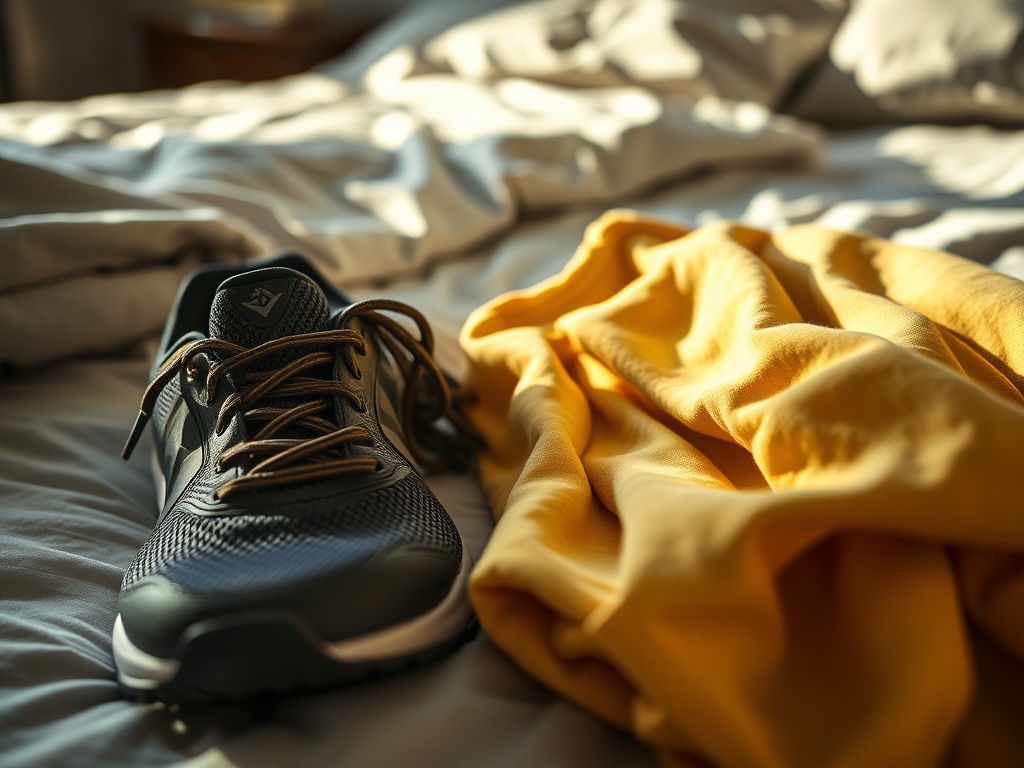 close-up of sneakers and workout clothes neatly placed next to a bed, early morning light