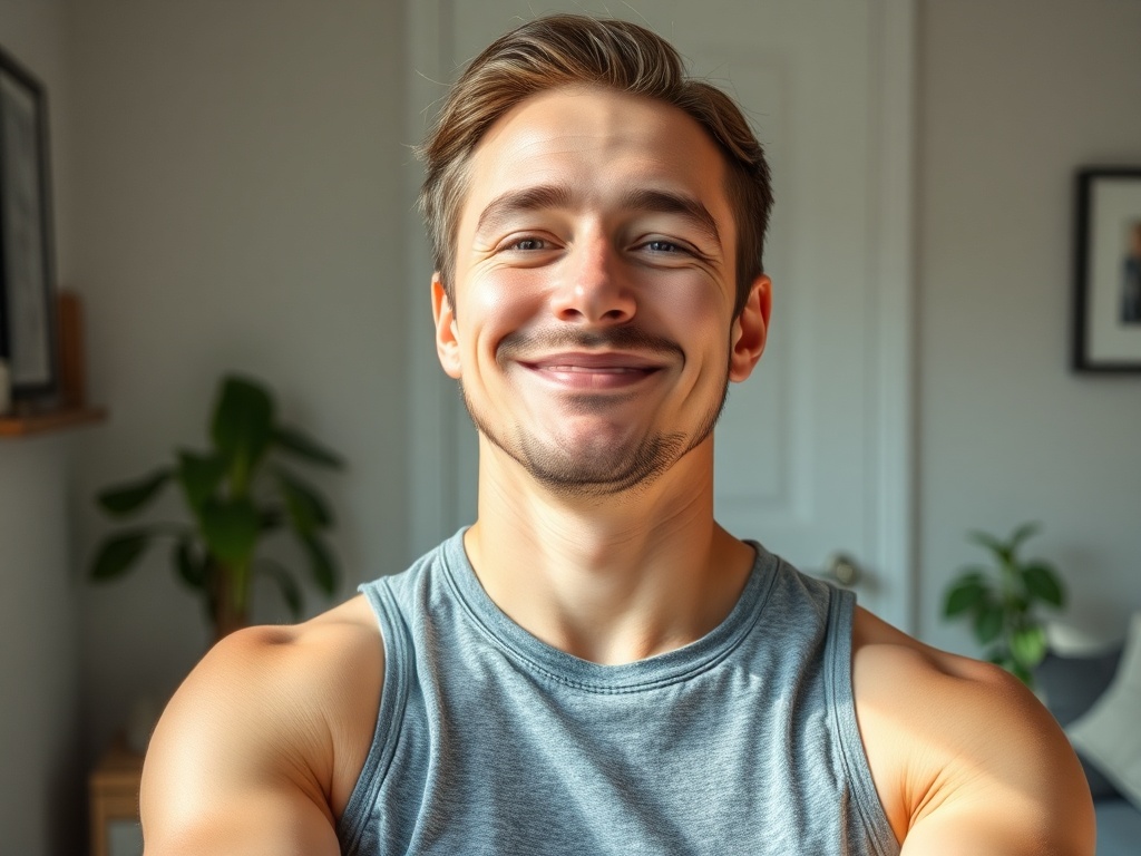 person smiling slightly after finishing a short workout at home, relaxed and satisfied, natural lighting