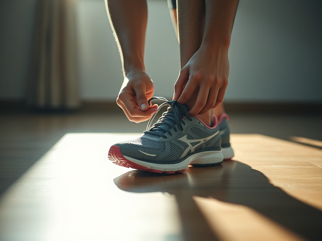 person tying running shoes on a floor with soft morning or evening light, focused and simple moment