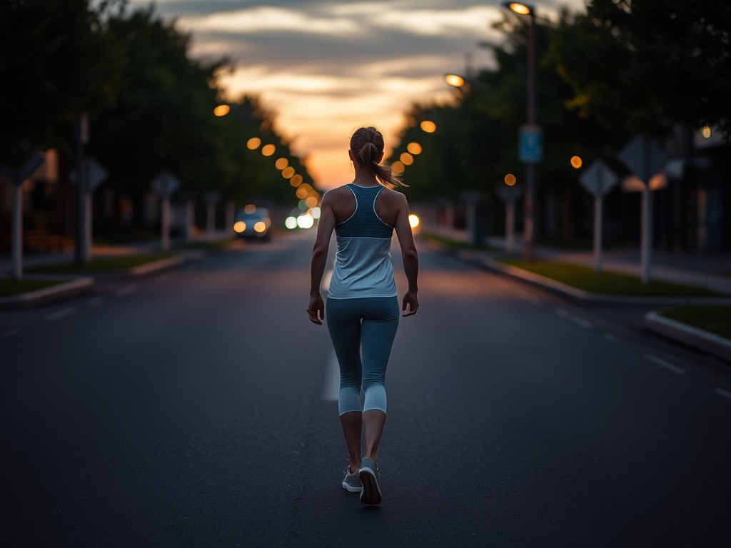 person walking outside on a quiet street at dusk wearing simple workout clothes, calm and steady pace