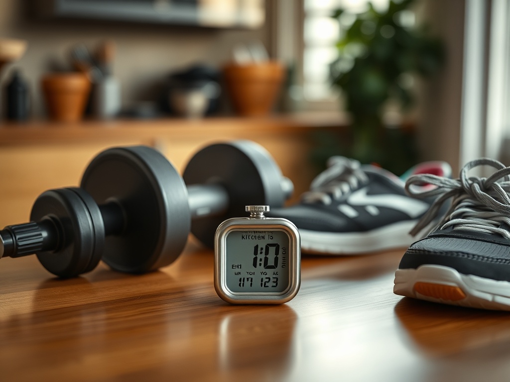 simple kitchen timer set to 10 minutes on a table next to dumbbells and sneakers, warm indoor lighting