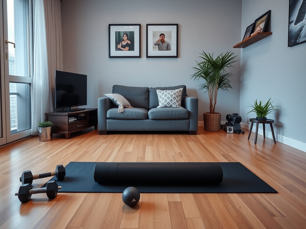 small apartment living room workout setup with minimal equipment, dumbbells and yoga mat, cozy environment