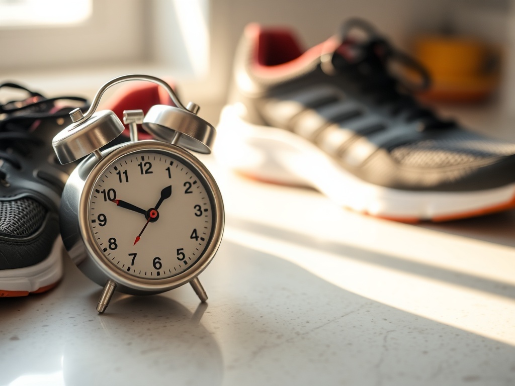 a simple kitchen timer set to 10 minutes on a countertop next to a pair of worn running shoes, soft morning light