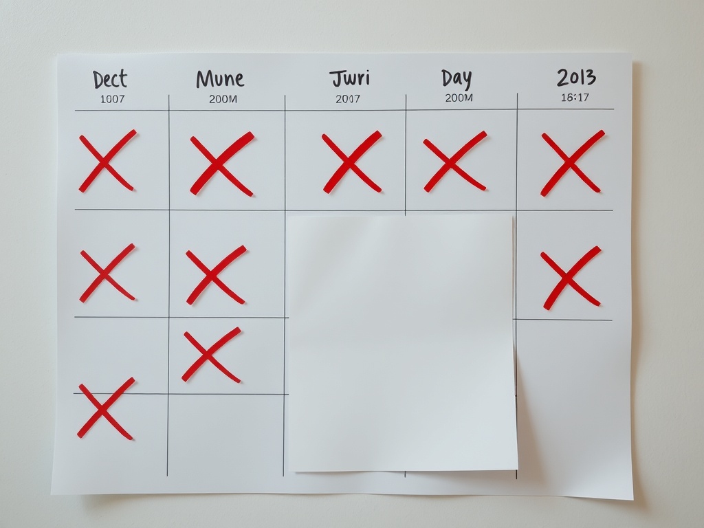 a wall calendar with red X marks across multiple days showing consistency, one blank day visible creating tension