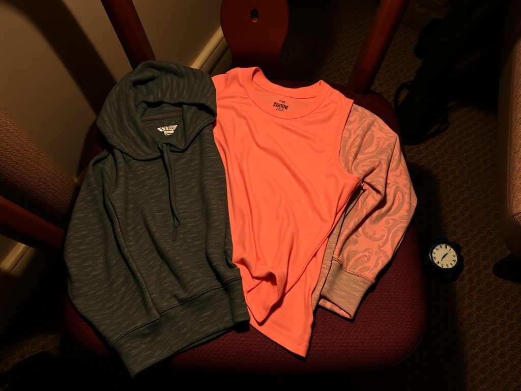 night before workout prep with clothes laid out neatly on a chair and a small timer beside them