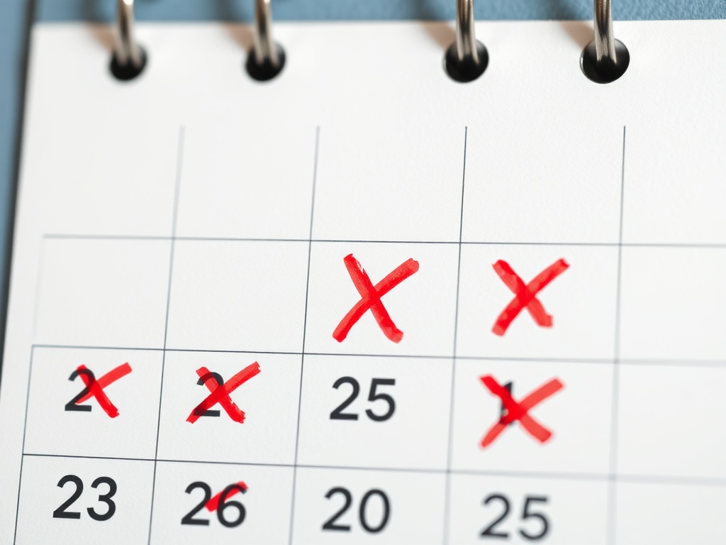 close up of calendar with red X marks showing streak consistency, simple home setting