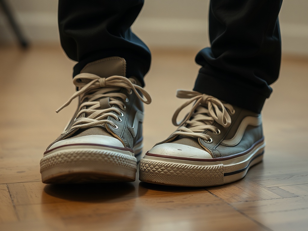 close up of worn sneakers on floor symbolizing consistency everyday life