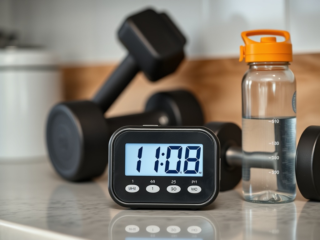 kitchen timer counting down 10 minutes on countertop next to dumbbells and water bottle