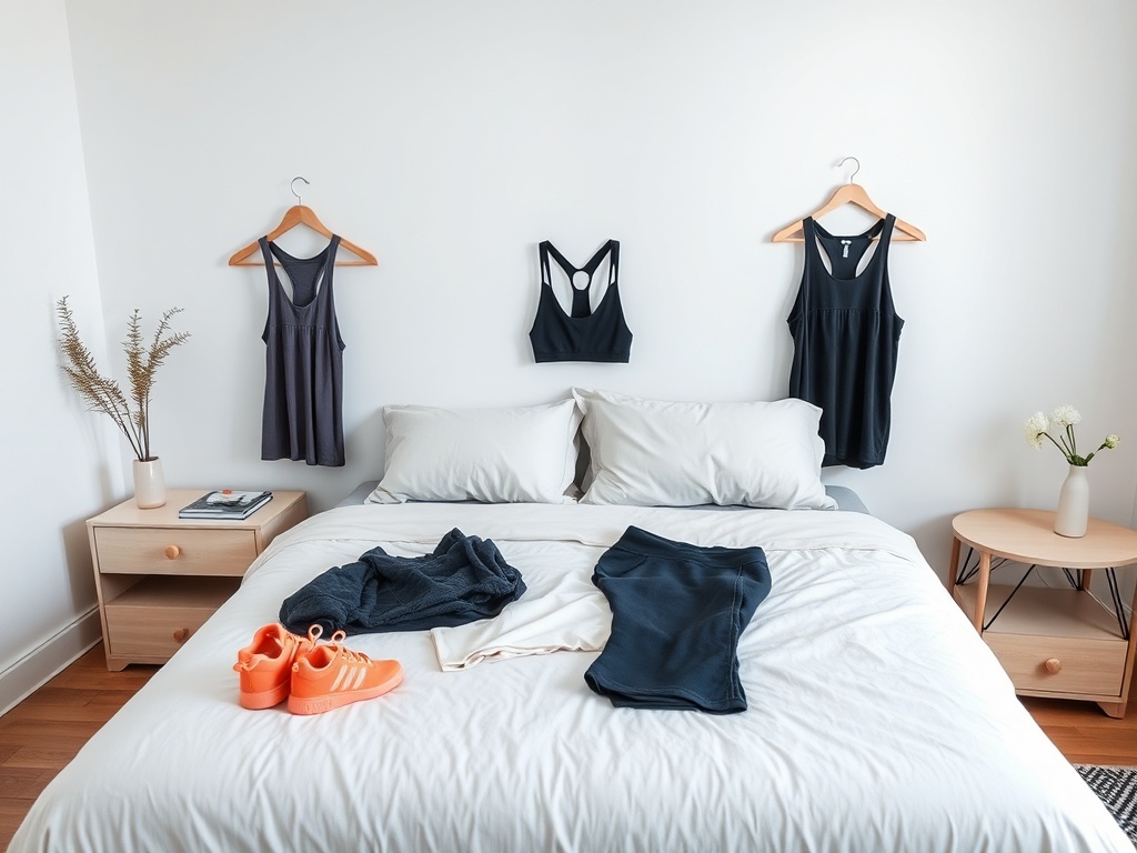 minimalist bedroom with workout clothes laid out neatly ready for morning routine