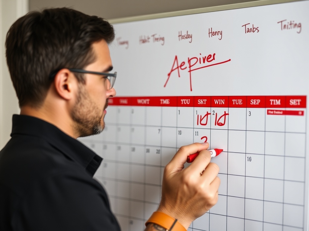 person checking off habit tracker calendar with red marker satisfied expression
