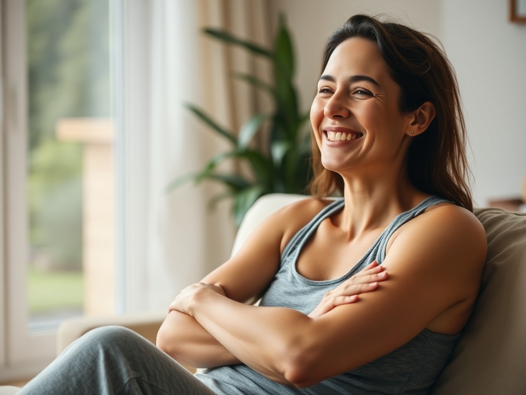 person relaxing after short workout smiling not exhausted realistic home environment