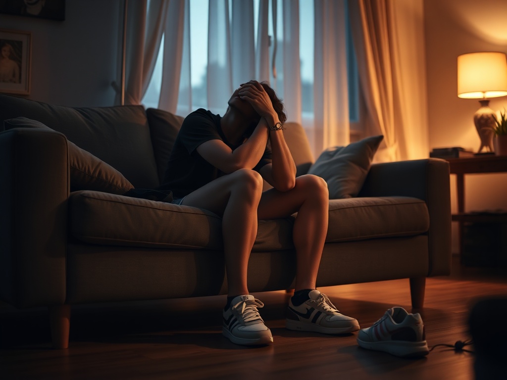 person sitting tired on couch in dim evening light, gym shoes on floor nearby, realistic candid moment