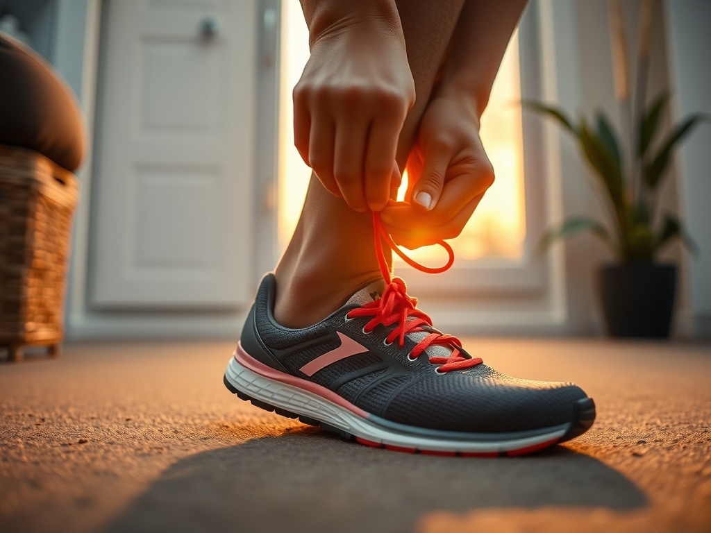 person tying running shoes determined expression early morning simple home setting