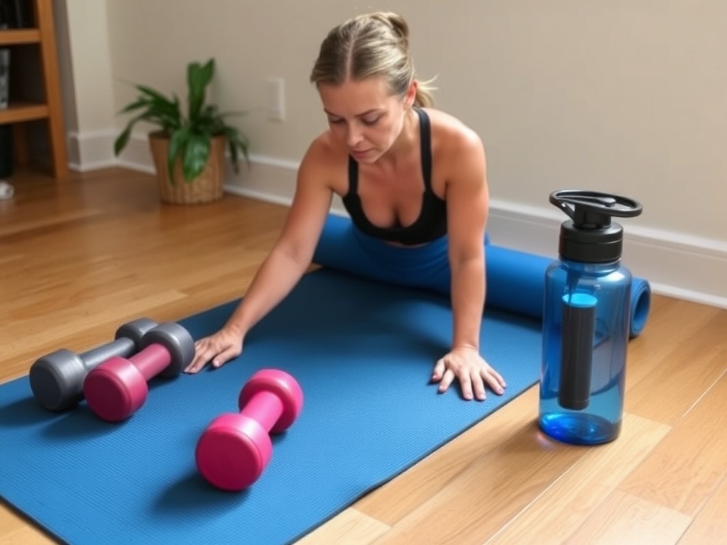 simple home workout setup minimal equipment dumbbells mat water bottle no fancy gym