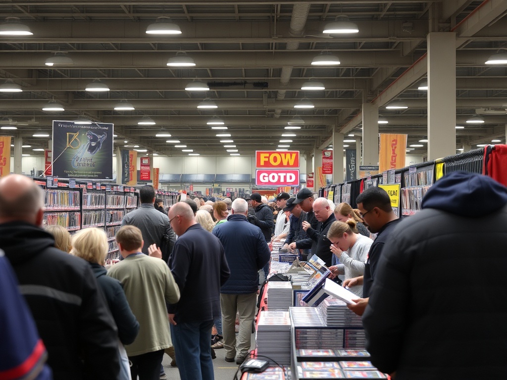 A bustling marketplace with people buying football trading cards from vendors at a local card show.