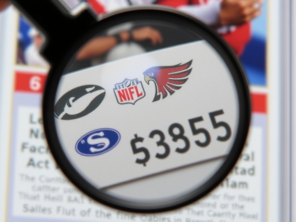 A magnified view of a football trading card, with focus on the intricate details like logos and serial numbers, showing how to identify authentic cards.