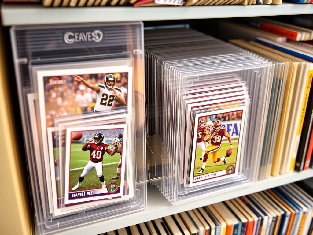 An image of football cards carefully stored in protective sleeves, with a well-organized collection displayed on a shelf.