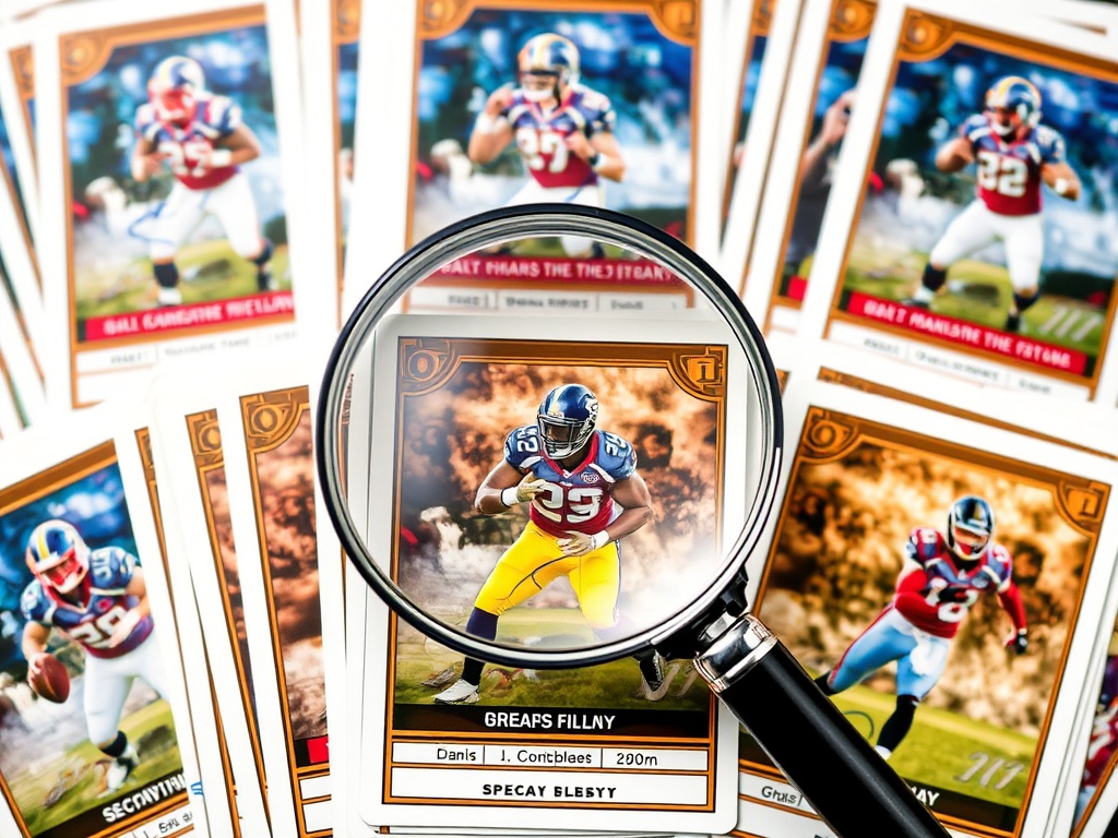 An image of various football trading cards displayed neatly with a magnifying glass hovering over one card, symbolizing close inspection and care.