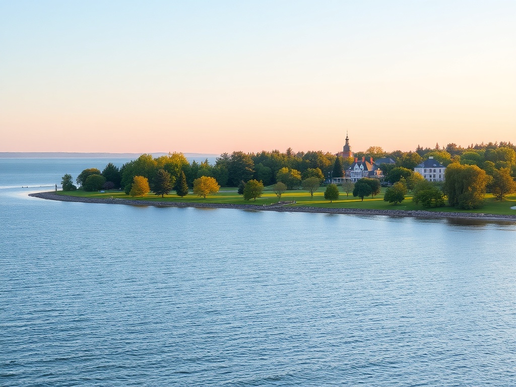 A beautiful lakeside view of Fort Erie with calm waters, green parks, and a peaceful atmosphere