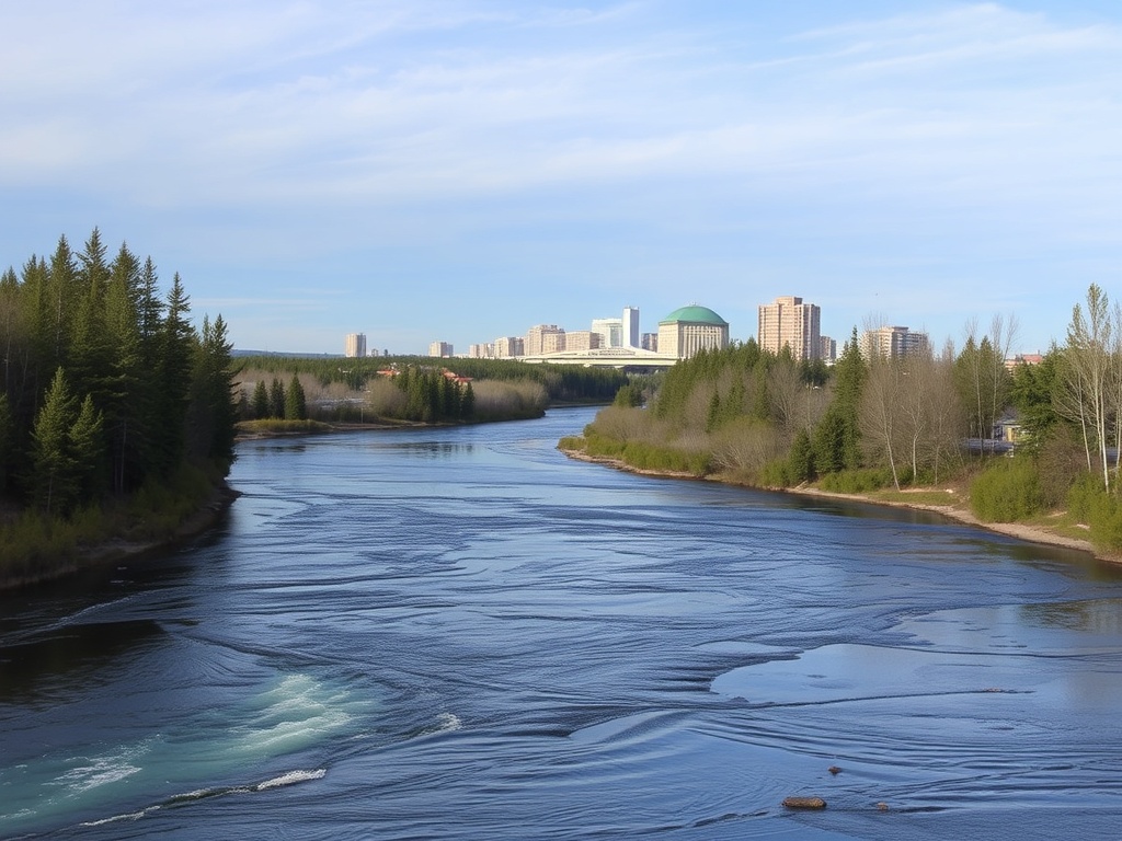 Athabasca River flowing through Fort McMurray with trees and skyline