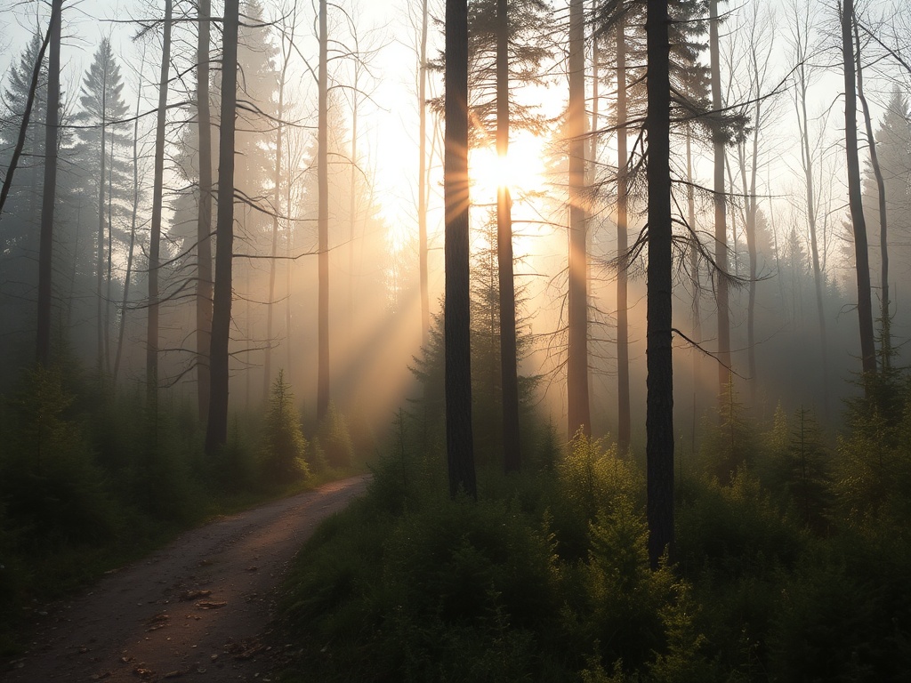 early morning Birchwood Trails in Fort McMurray with sunlight filtering through trees and light mist