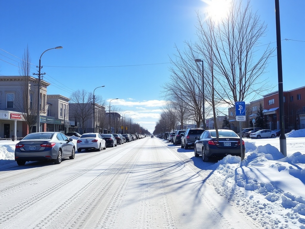 Fort McMurray winter street covered in snow with cars and bright blue sky