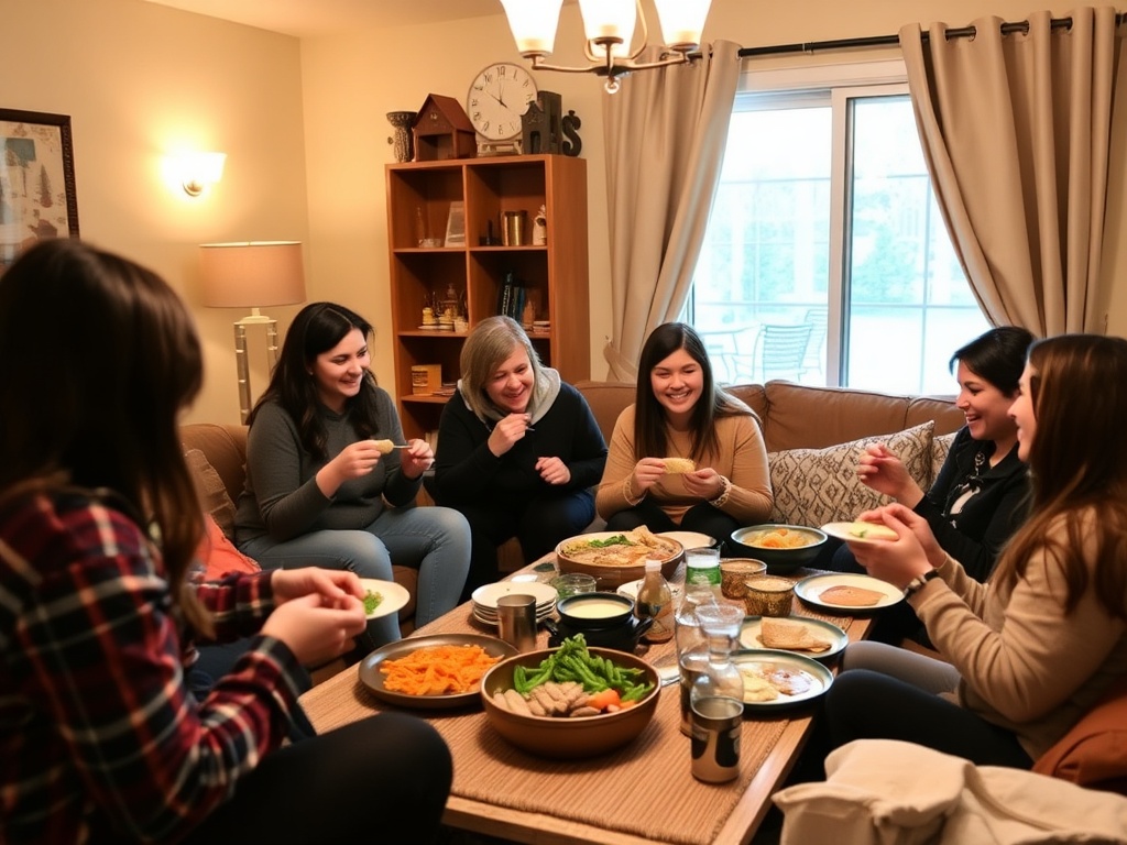 friends gathered in a cozy home in Fort McMurray sharing food and laughter