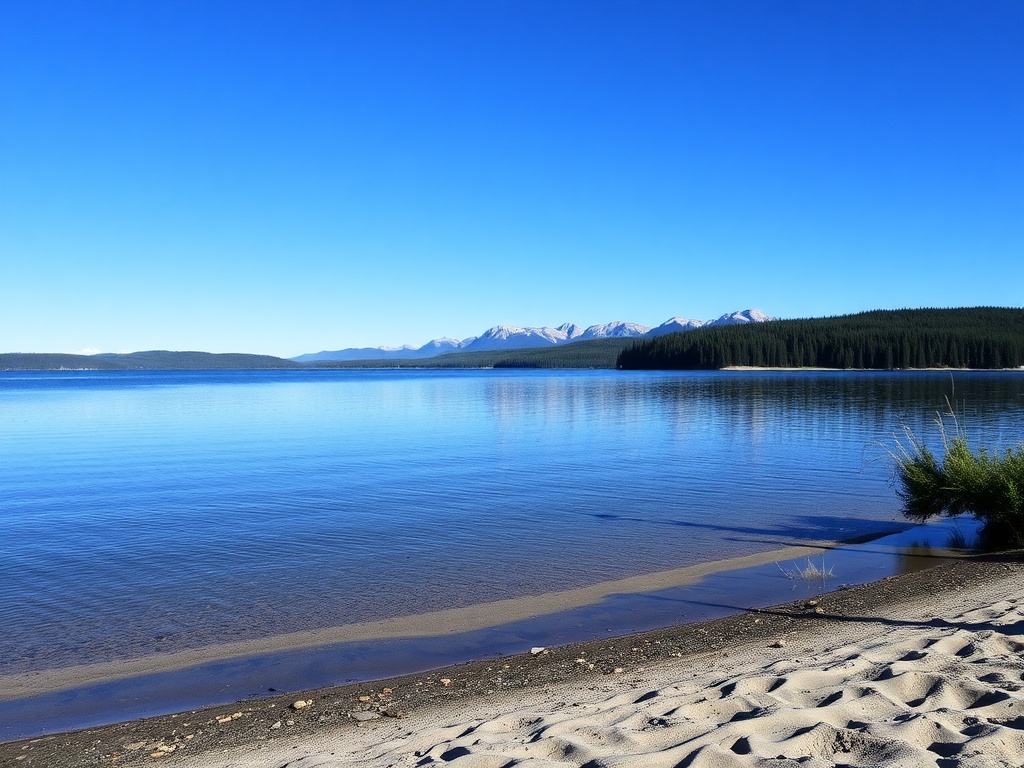 Gregoire Lake Alberta sandy beach and calm water under blue sky