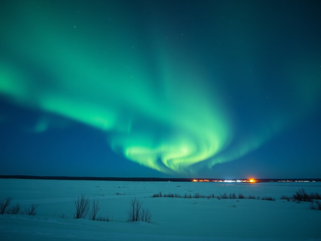 northern lights over snowy landscape near Fort McMurray with green aurora glowing
