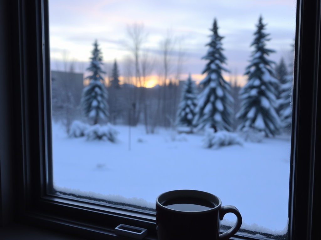 quiet weekend morning in Fort McMurray with coffee and snow outside window