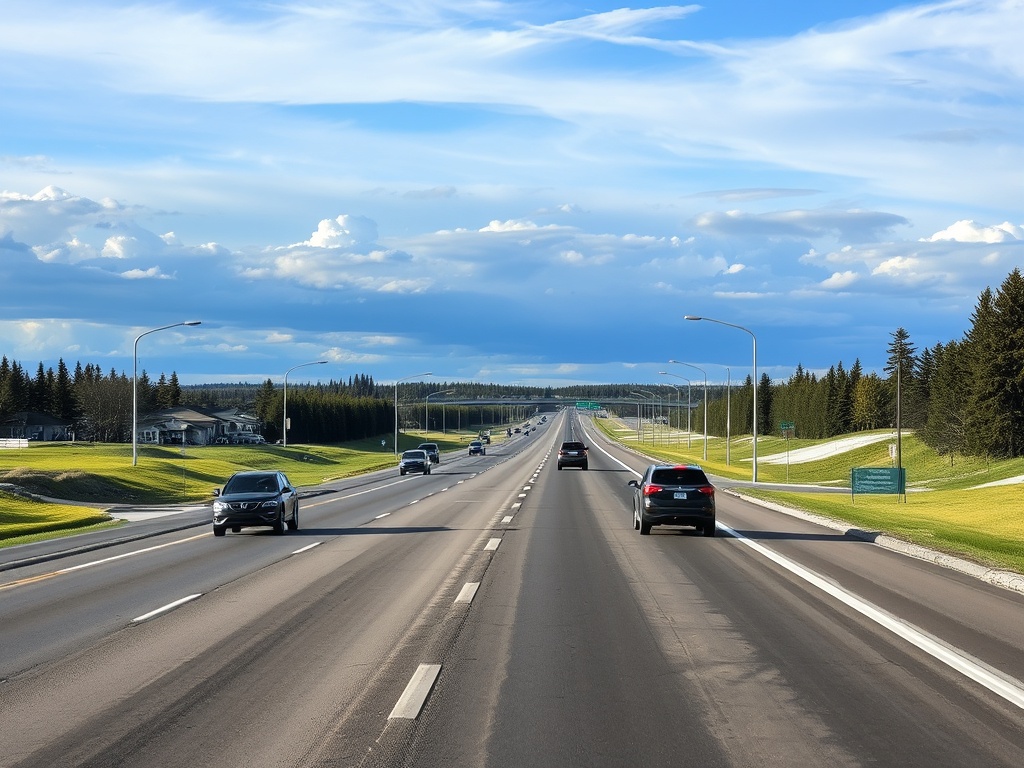 wide road in Fort McMurray with cars driving under big open sky