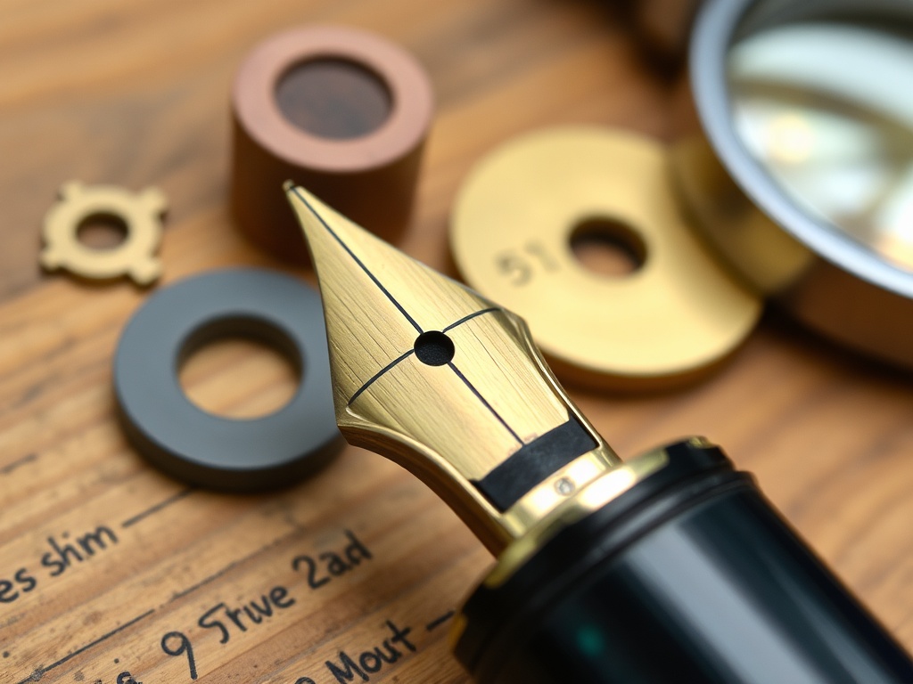 a close-up of a vintage Parker 51 nib and ebonite feed on a wooden workbench with brass shims and loupe nearby