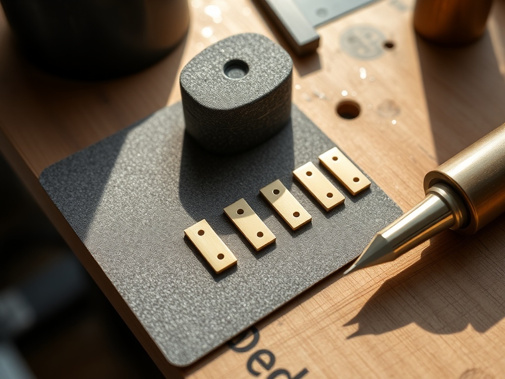 micro-mesh and brass shims used to align fountain pen tines on a wooden workbench with natural light