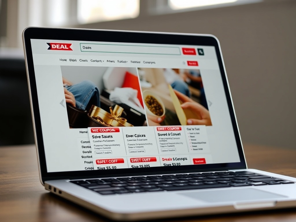 A bright laptop screen displaying a deal website, with several coupons and discounts popping up.