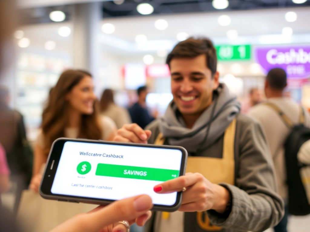 A happy shopper receiving cashback through an app, with their savings growing on the screen.