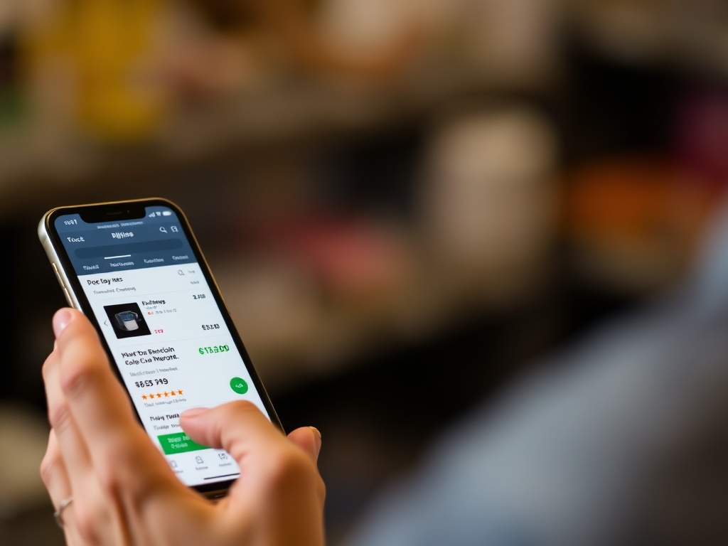 A person comparing prices on their phone, with multiple online stores displaying price comparisons for the same product.