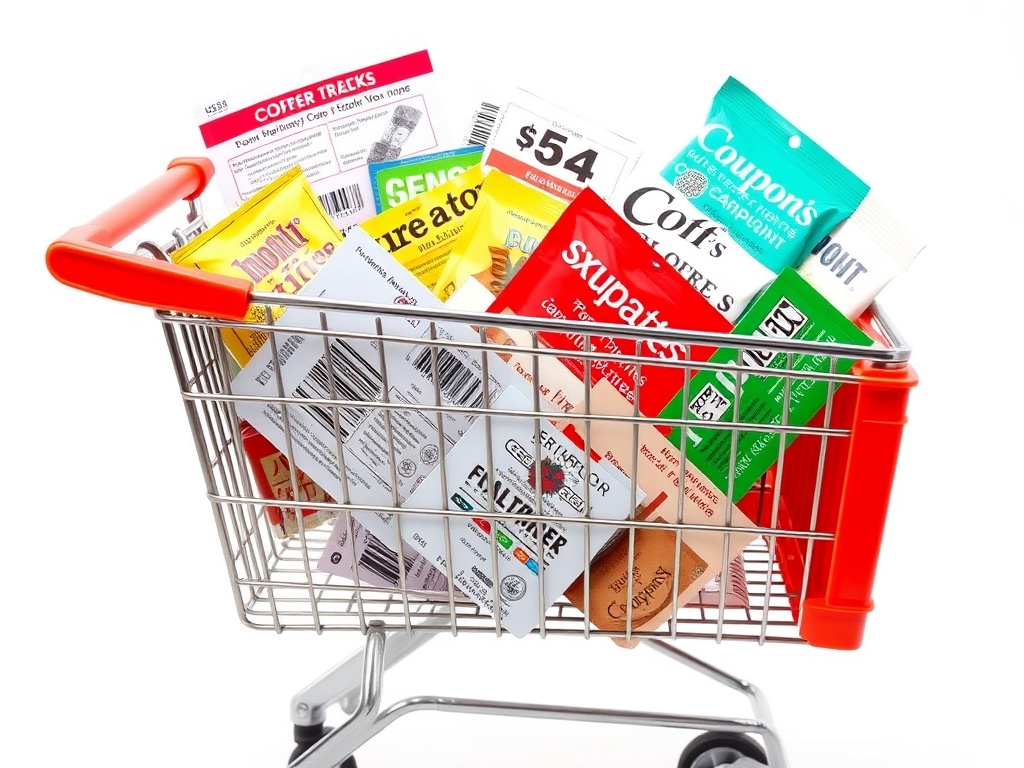A shopping cart filled with coupons, discounts, and free samples, all brightly colored, standing out against a clean white background.