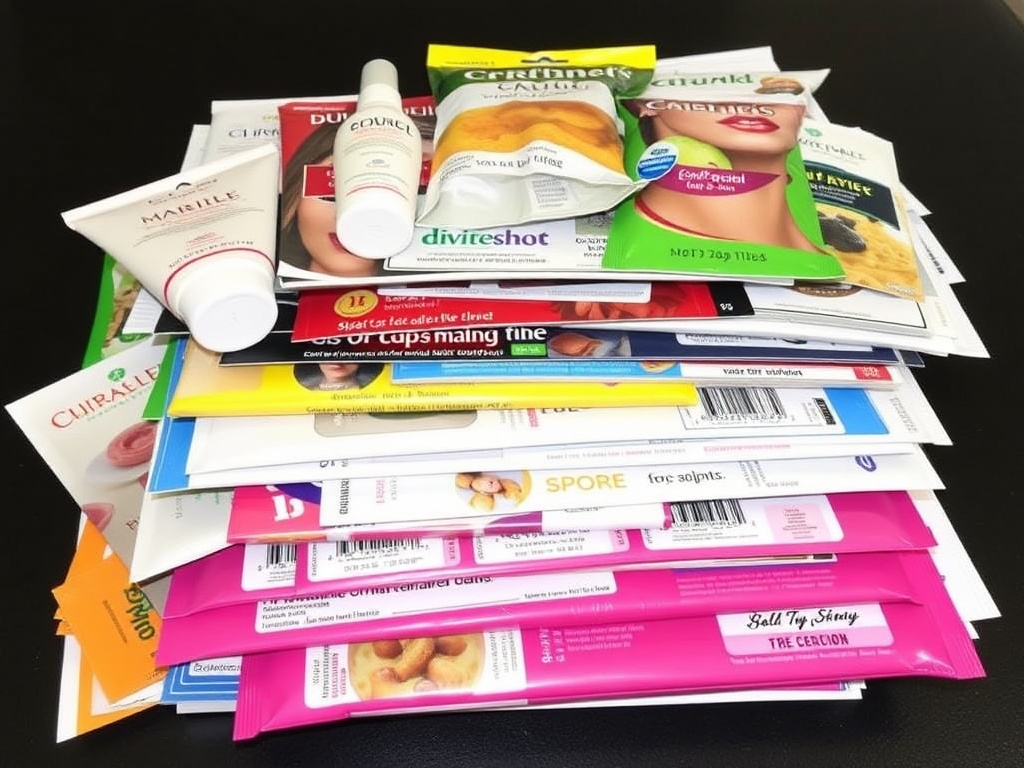A stack of free sample packages, including beauty products, food samples, and coupons.