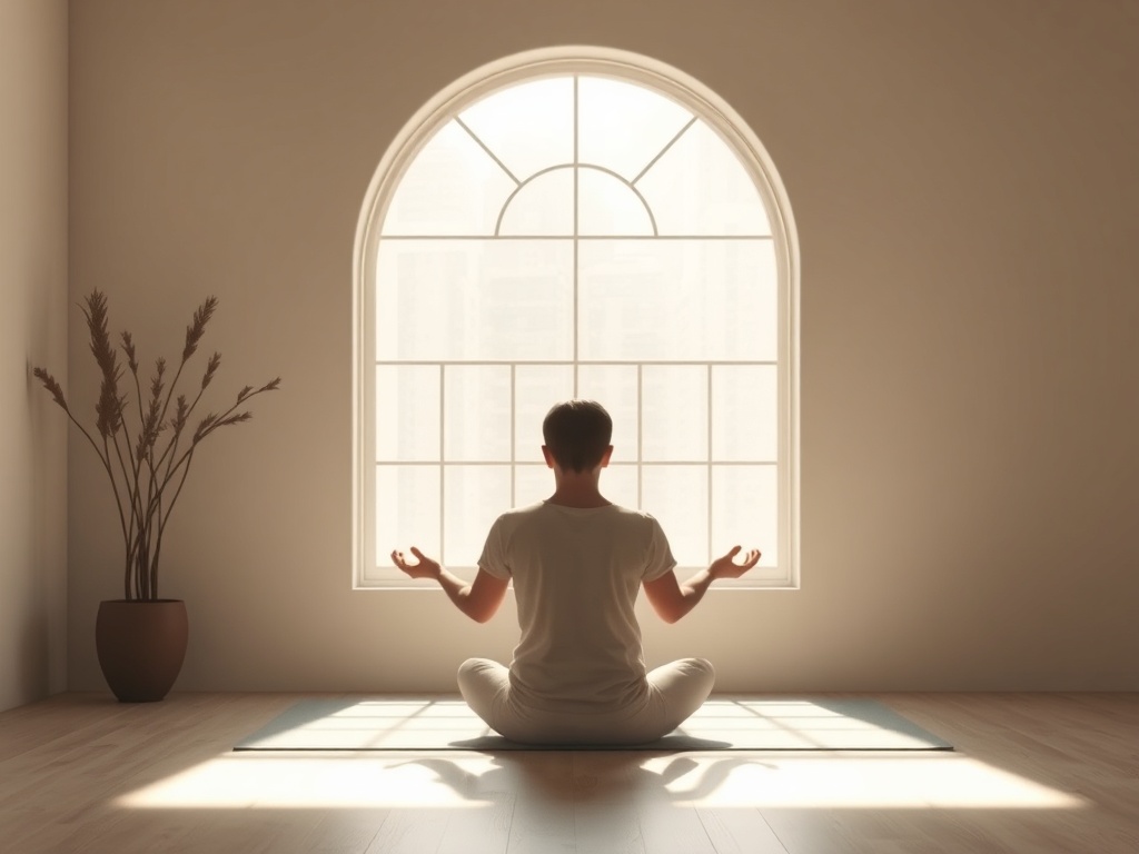 a calm minimalist indoor scene with soft natural light, a person sitting quietly practicing breathwork, serene atmosphere, neutral tones, stillness