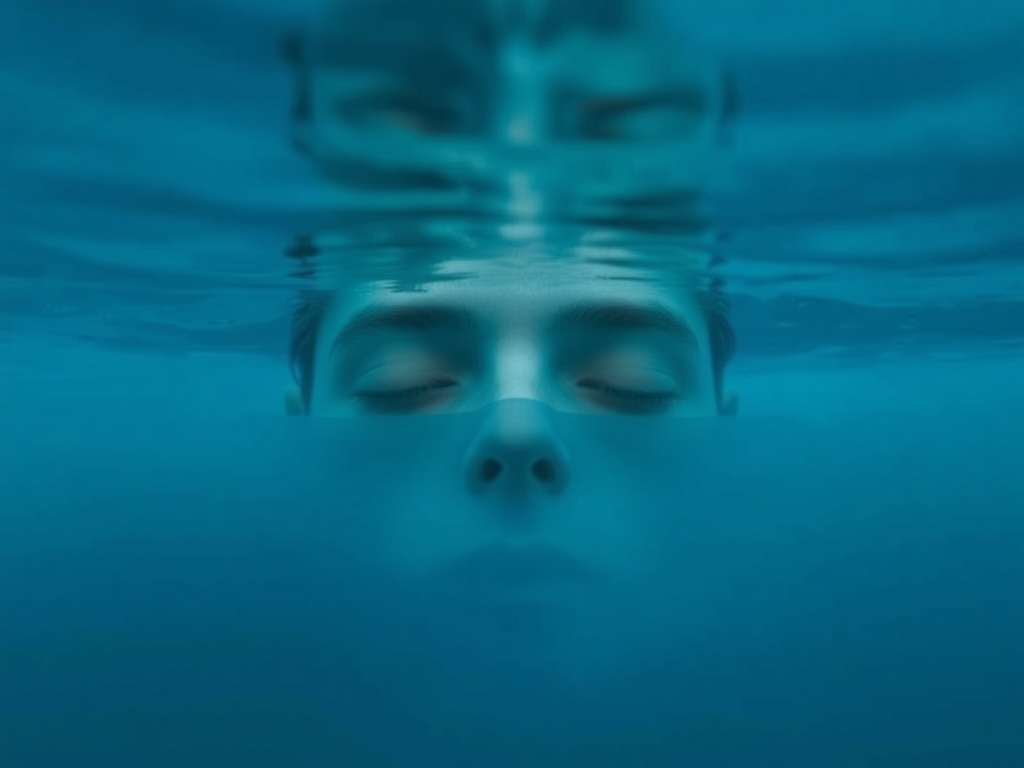 close-up of a calm face partially submerged in water, minimal ripples, soft blue tones, meditative mood, quiet underwater feeling