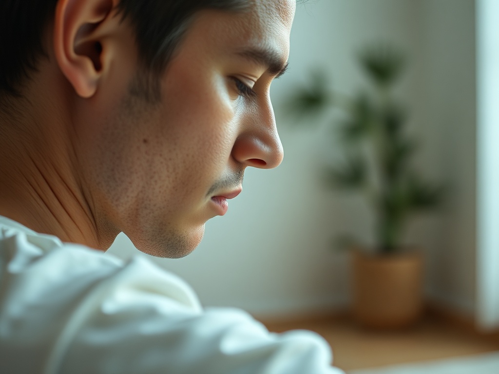 close-up of person practicing equalization technique with calm focus, minimal environment, soft lighting, introspective mood