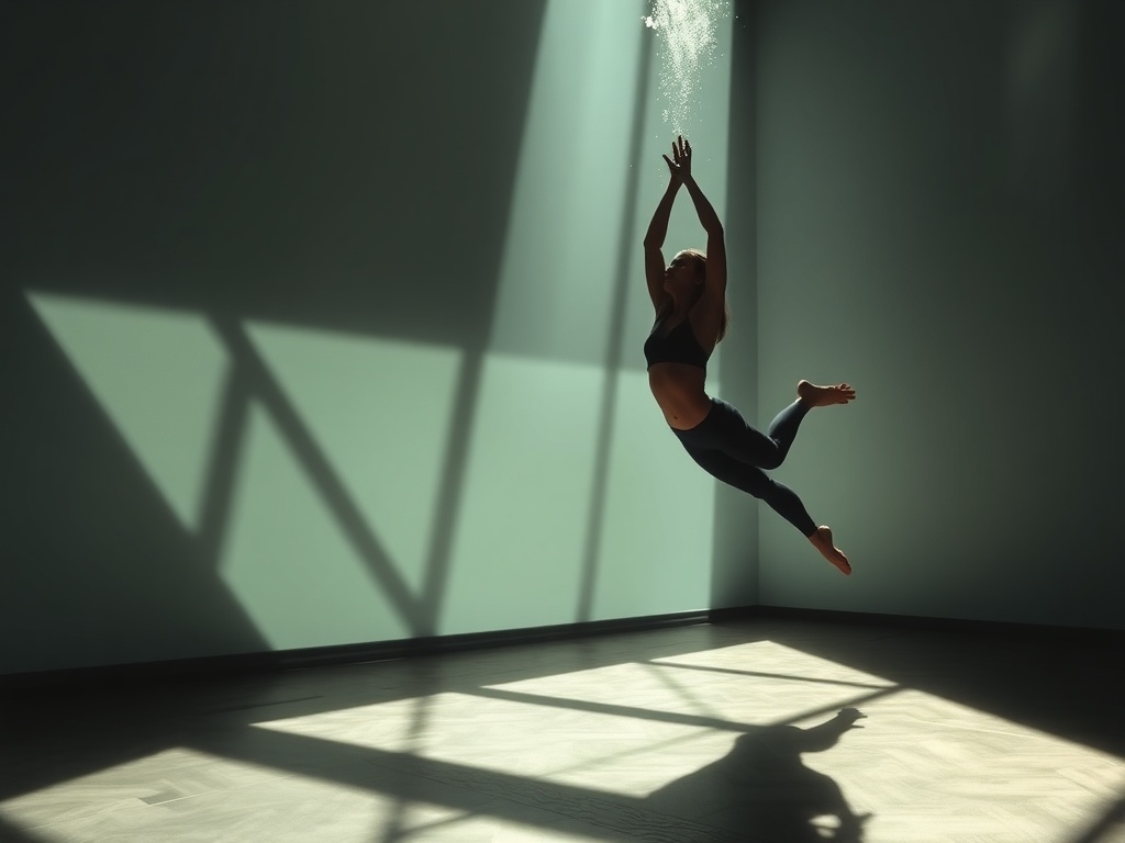 freediver stretching chest and diaphragm indoors, sunlight casting shadows, slow controlled movement, minimalist space