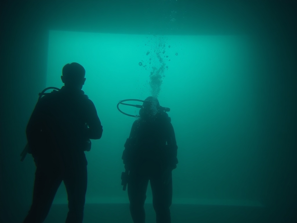 freediving safety training environment, calm instructor observing diver, minimal and focused atmosphere, quiet discipline
